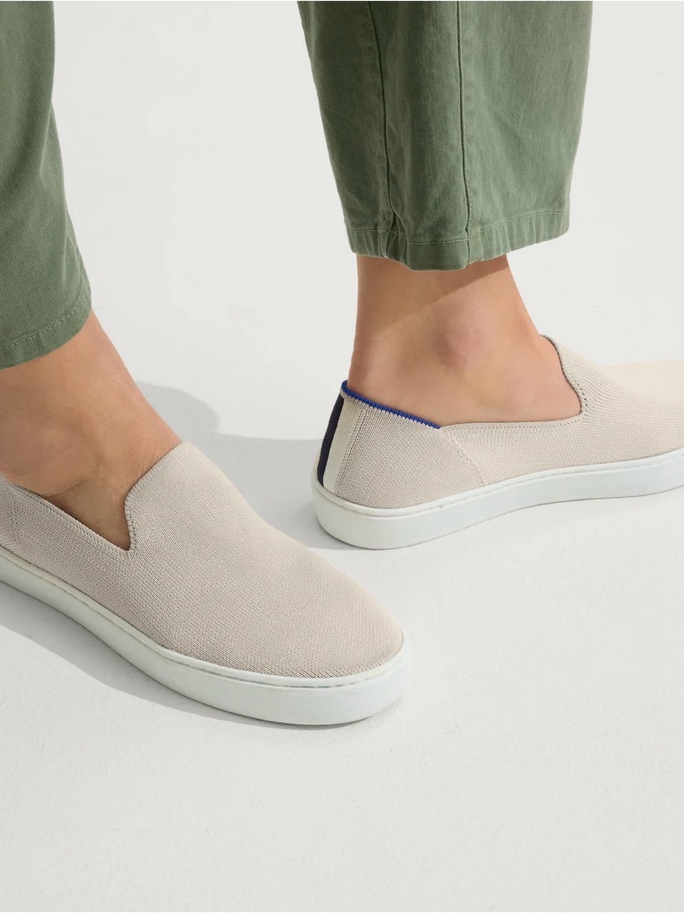 WORN ONCE Rothy's Slip-On Sneakers in Light Beige with Navy Trim